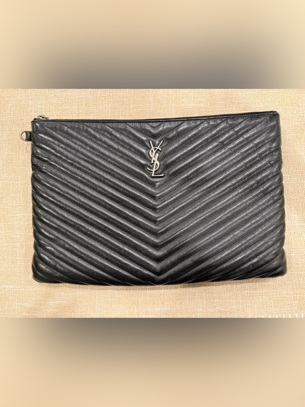 Saint Laurent Black Quilted Leather Toiletry Pouch with Silver Logo